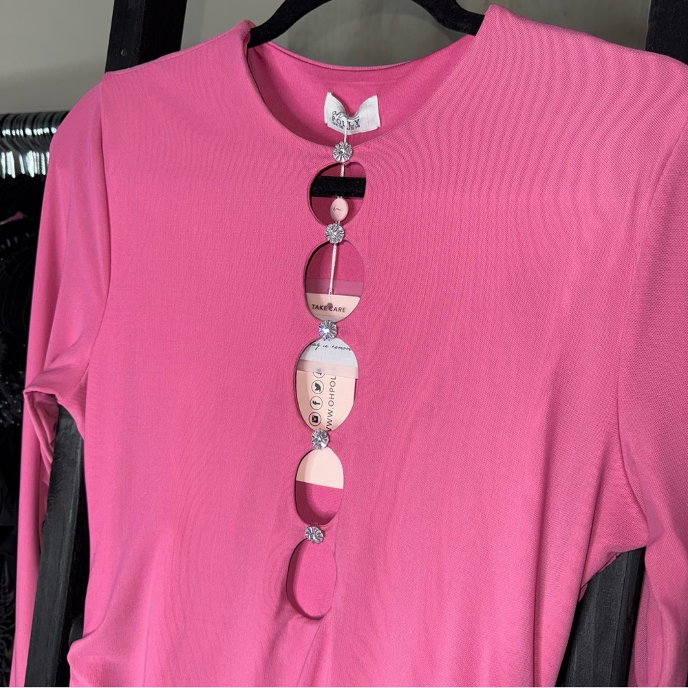 Oh Polly Ruched Cutout Embellished Long Sleeve Bodycon Mini Dress in Hot Pink - Picture 8 of 13